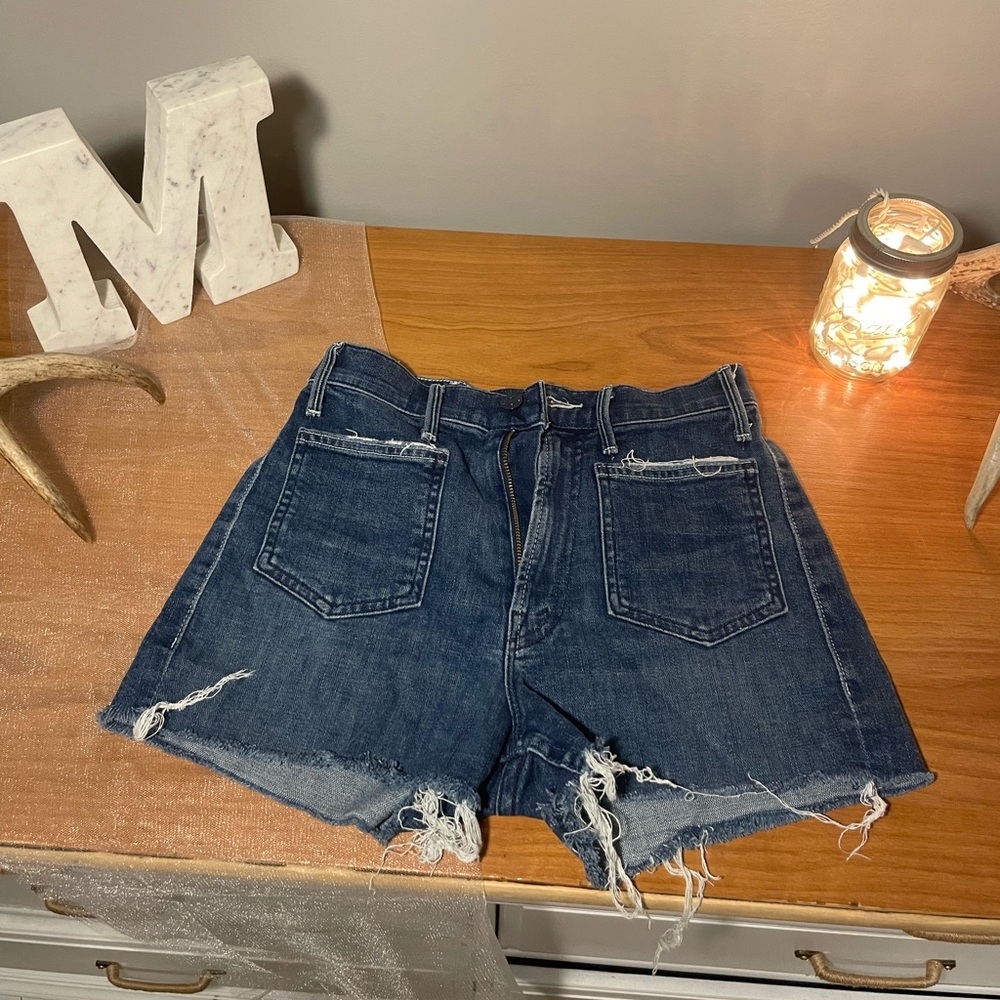 MOTHER Dark Blue Distressed Jean Shorts